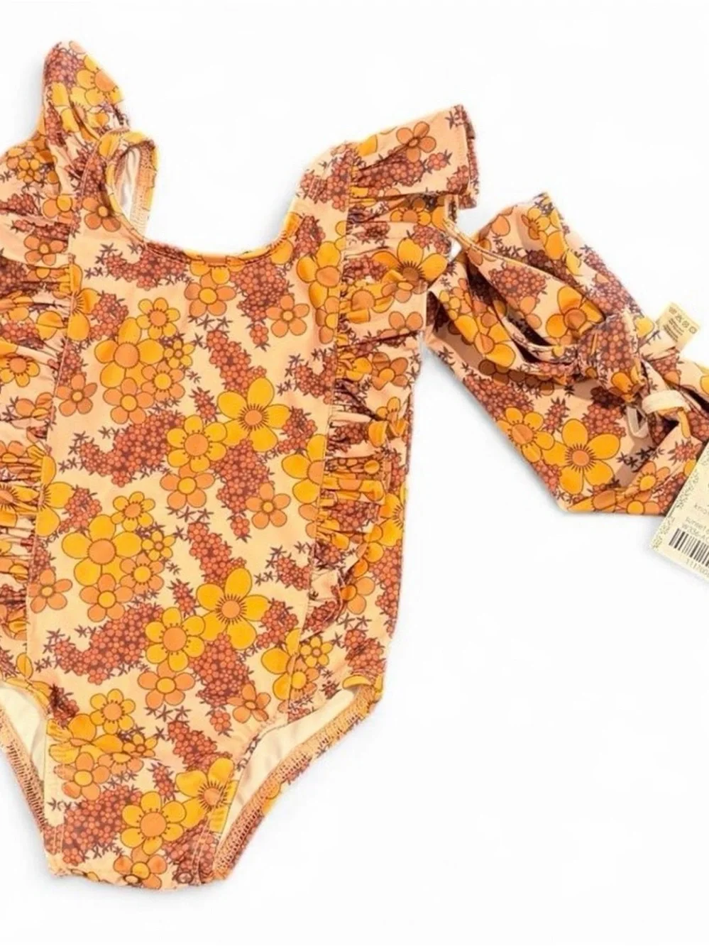 Kate Quinn Yellow & Brown Floral Flutter Sleeve One Piece Swimsuit | Size 6-12m